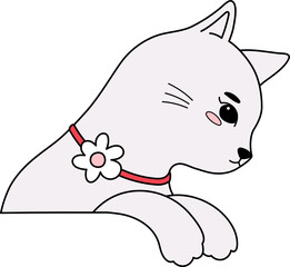 Cute White Cat Naugthy Peeking Border Handdrawn Outline