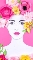 Naklejka premium A woman with a vibrant floral crown adorned with colorful blooms, her long hair cascading down her shoulders, exuding a serene and joyful aura.