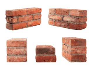 Five Red Bricks with Mortar on Transparent Background, PNG