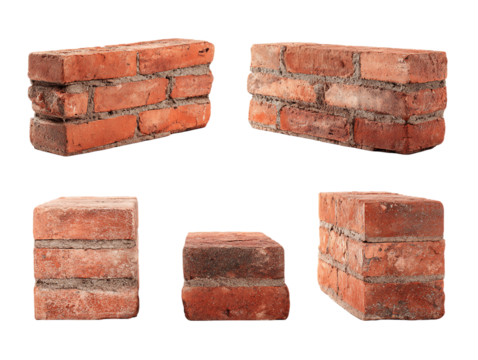 Five Red Bricks with Mortar on Transparent Background, PNG