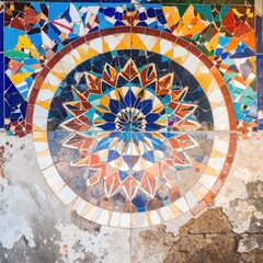 Obraz premium A vibrant, intricate mosaic adorns the weathered wall of an ancient building, featuring a kaleidoscope of colors and patterns that tell a story.