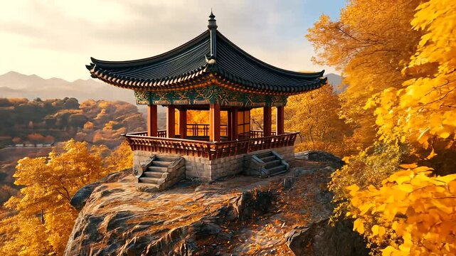 Autumnal vista, serene pavilion perched atop a cliff overlooking a vibrant landscape