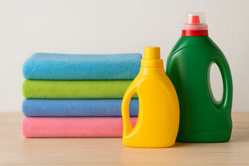 Laundry Essentials Including Clean White Towels and Bottle of Detergent on Bright Surface