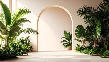 Fototapeta premium Minimalist Interior Design with Arch and Tropical Plants.contemporary, display, image, minimalist, photo, product, botanical, geometric, interior, life, scene, still, sunlight, surface, abstract, 