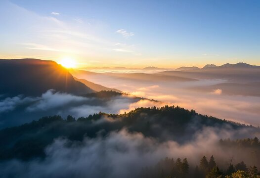 Misty mountain ridge ablaze with sunrise, panoramic vista, alpine, serene
