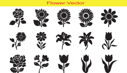 Flower Silhouette set Vector Illustration on White Background