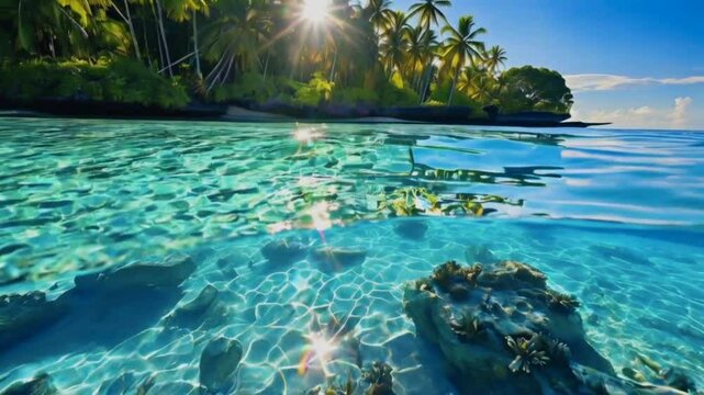 A split-level image showing a tropical beach with palm trees and clear blue water with coral reefs underneath.
