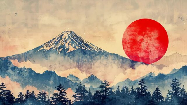Ukiyoe of Mt. Fuji with Sunset/富士山と夕日の浮世絵1