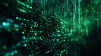 Naklejka premium Emerald Cybernetic Rain A vivid digital cascade of glowing green data streams and shimmering bokeh