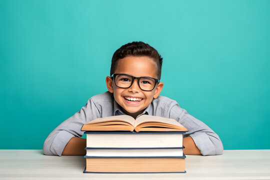 Boy wearing glasses reading on a stack of books, light blue background