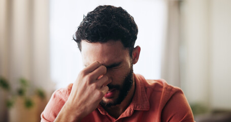 Man, frustrated and headache with stress, anxiety or depression in debt, brain fog or regret...