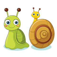 Funny cartoon illustration of two cute, smiling snails with shells on a white background