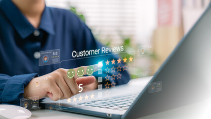 Customer giving a five-star review on a virtual interface, representing online feedback, service...
