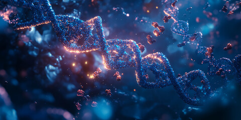 Close-up of glowing DNA strands with molecular particles, 3D DNA helix structure glowing in blue, Molecular DNA design with glowing strands and particles

