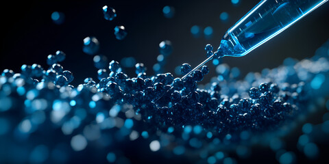 Close-up of syringe injecting blue liquid into droplets, Medical or scientific experiment with blue fluid, Droplet of blue liquid injected under microscope

