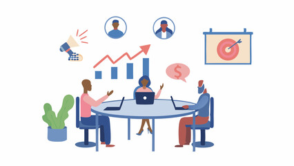 Team members collaborating around a table with laptops and business growth illustrations above them