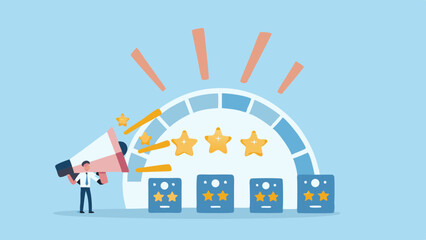 Man with megaphone promoting customer satisfaction with star ratings and feedback indicators