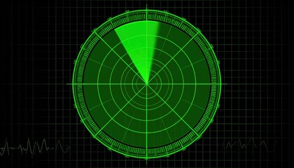 Digital radar sweep rotating with neon green reflections on dark grid