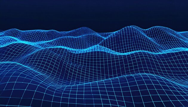 Virtual reality grid terrain gently undulating with glowing blue lines