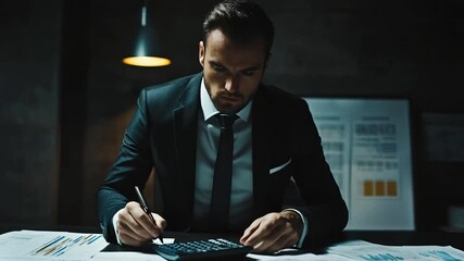 Focused businessman analyzing data and calculating financial figures late in the office - Powered by Adobe
