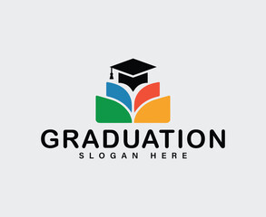 Colorful graduation cap logo on layered books symbolizing education.