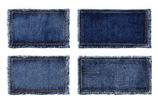 Four Blue Denim Labels with Frayed Edges on Transparent Background, PNG