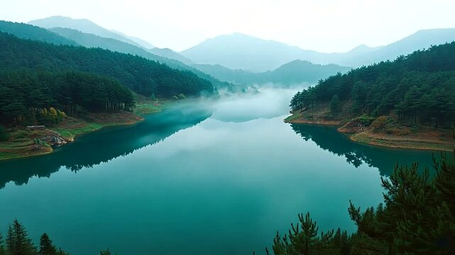 Serene mountain lake reflecting sky, mist veiling hills