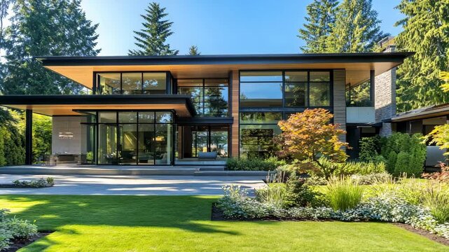 A large house with a large yard and a lot of greenery. The house is very modern and has a lot of glass windows