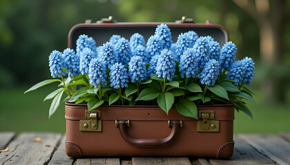 Blue Flowers in Vintage Suitcase on Wooden Table Outdoors