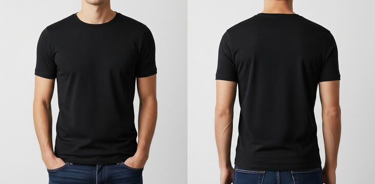 black/white t-shirt mockup, front and back. Casual model, white background, high resolution. Commercial.