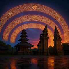 Sasambo Batik Aurora over Lingsar Temple at Lombok, West Nusa Tenggara Indonesia 