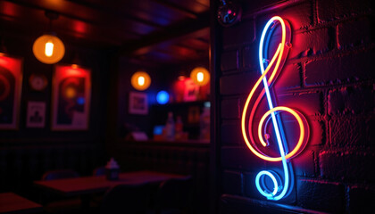Vibrant neon music note sign illuminates cozy bar setting, creating lively atmosphere with warm lighting and artistic decor