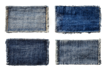 Four Denim Fabric Swatches with Varying Shades and Textures, PNG