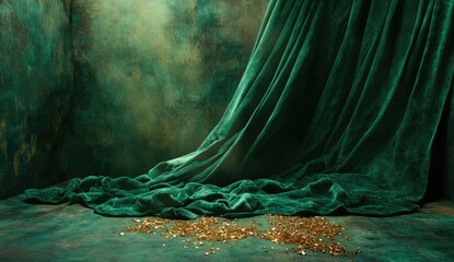 Deep emerald green velvet draped backdrop with golden accents