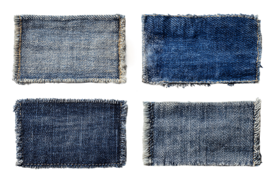 Four Denim Fabric Swatches with Varying Shades and Textures, PNG