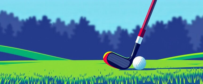 Modern vector illustration of golf club striking ball toward hole on course,  hole,  flyer