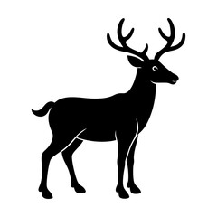 Silhouette of a standing deer with large antlers in black and white