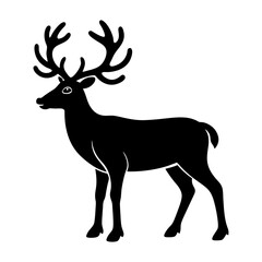 Silhouette of a standing deer with large antlers in black and white art