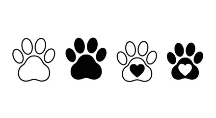 Four paw prints with varying fills and heart details arranged in a horizontal line formation here on transparent background