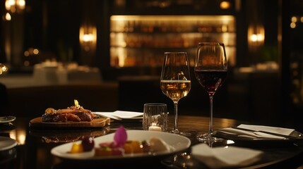 Elegant dining experience with wine and dessert