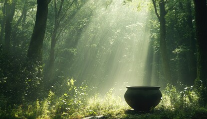 Enchanting forest scene with a cauldron. Sunlight streams through the trees