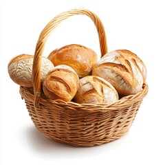Artisan Bread Rolls in a Wicker Basket on White Background