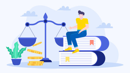 Man balances on books with scale and gold coins. Ideal for finance, education, investment, success concepts in designs and presentations.