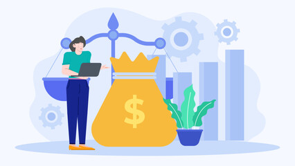 Woman multitasking with laptop, money bag, and scales. Ideal for financial, business, budgeting, and work life balance concepts in marketing.