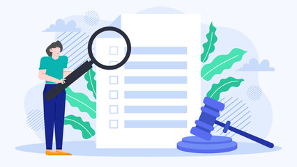 Legal investigation concept with a woman holding a magnifying glass examining documents and a gavel nearby. Suitable for law related content.