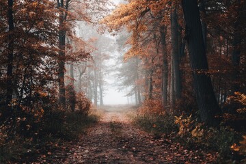 Autumnal forest path shrouded in mist