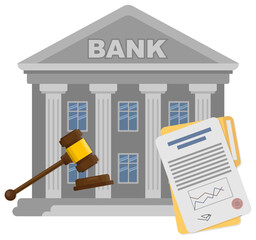 Hammer judge and documents with bank building vector illustration justice graphic