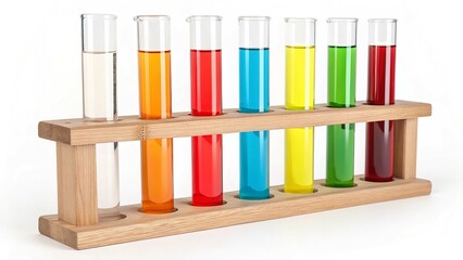 A stock image shows a wooden test tube rack filled with seven test tubes