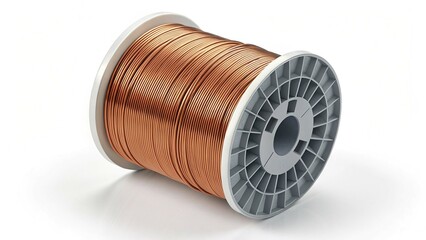 A spool of copper-colored wire is isolated on a white background