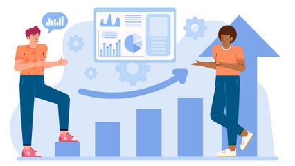 Two people balancing on bars with an arrow pointing up, ideal for success, motivation, teamwork, growth concept designs.